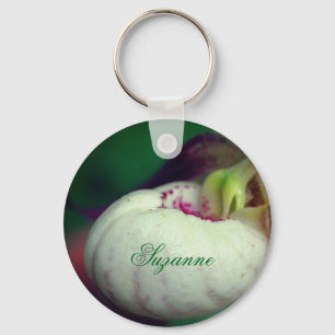 White Lady Slipper Flower Personalized Key Ring