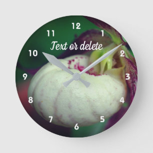 White Lady Slipper Orchid Flower Personalised Round Clock