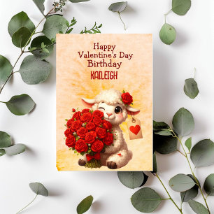 White Lamb Red Roses Birthday Valentine's Day Holiday Card