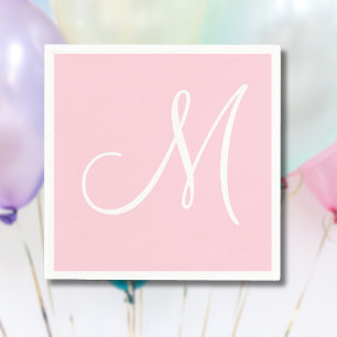 White Large Elegant Monogram Pastel Pink Napkin