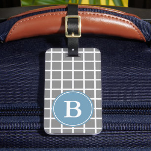 White Lattice on Dove Grey Carolina Blue Monogram Luggage Tag