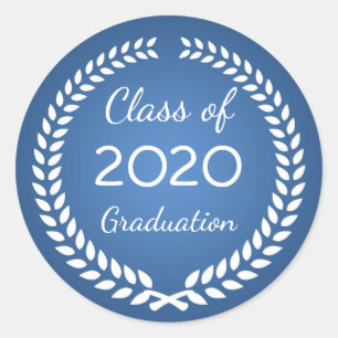 White laurel wreath on blue Graduation Classic Round Sticker