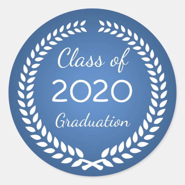 White laurel wreath on blue Graduation Classic Round Sticker (Front)