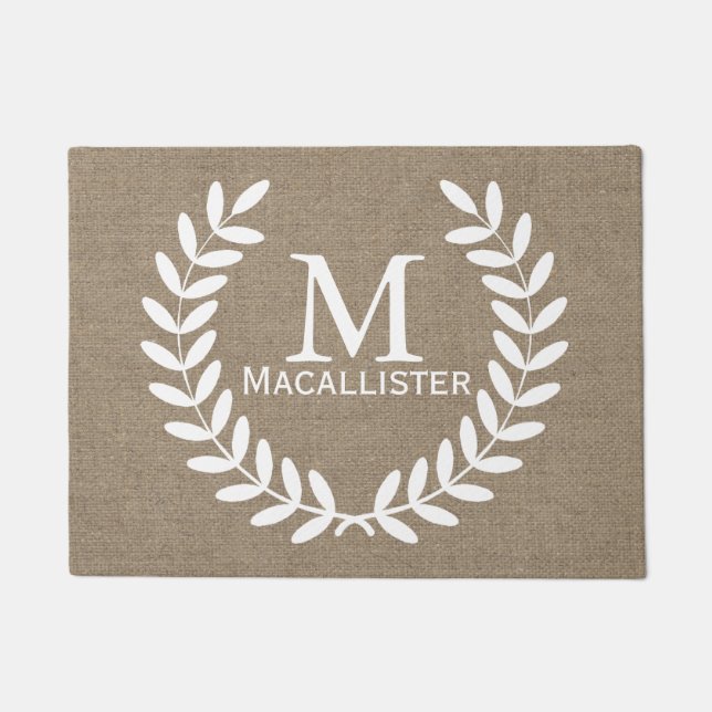 White Laurels and Faux Burlap Family Name Doormat (Front)