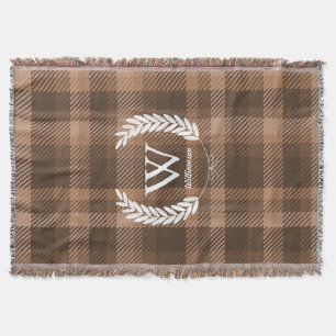 White Laurels Monogram Brown Plaid Throw Blanket