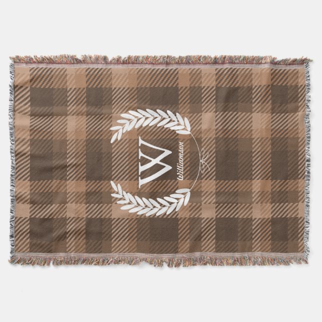 White Laurels Monogram Brown Plaid Throw Blanket (Front)