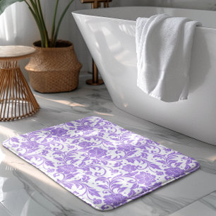 White & Lavender Glittery Damasks Pattern Bath Mat