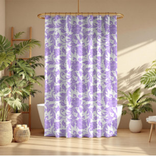 White & Lavender Glittery Damasks Pattern Shower Curtain