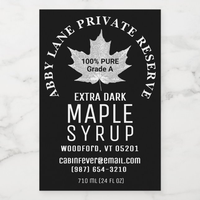 White Leaf Maple Syrup Black Curved Logo 2" x 3"  Wine Label (Single Label)