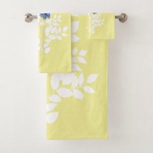White leafy branch and a blue butterfly bath towel set