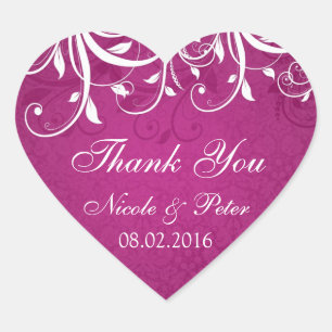 White leafy swirls on magenta Wedding Thank you Heart Sticker