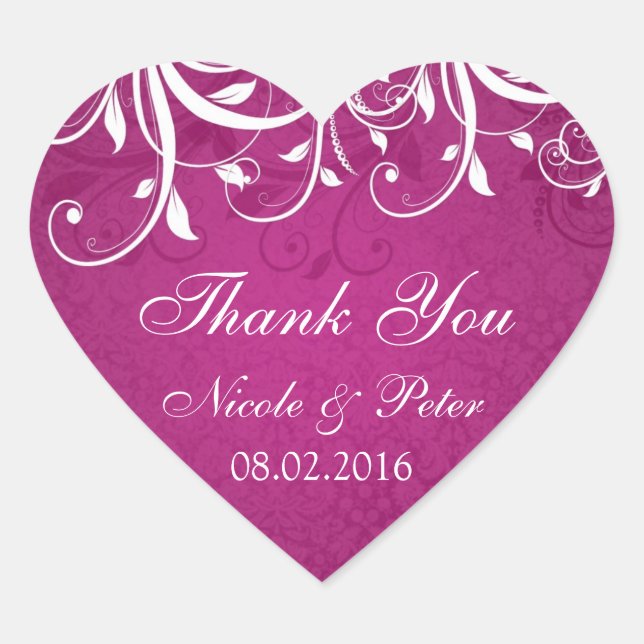 White leafy swirls on magenta Wedding Thank you Heart Sticker (Front)