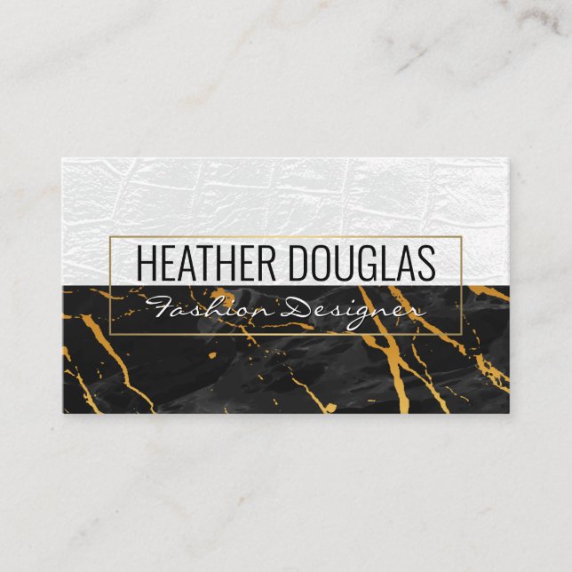 White Leather | Black Marble Gold Texture Business Card (Front)