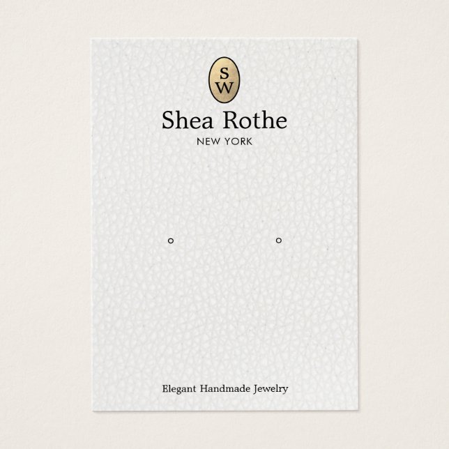 White Leather Gold Monogram Earring Display Card (Front)