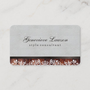 White Leather Rustic Wood and Elegant Text Business Card