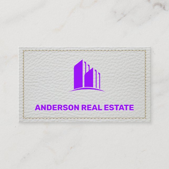 White Leather Stitched Seems | Building Icon Business Card (Front)