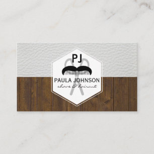 White Leather Wood Variation Barber Monogram Business Card