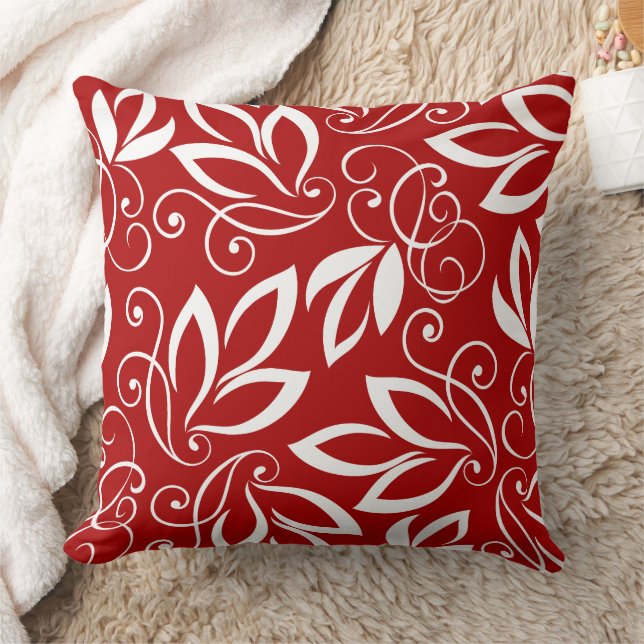 White Leaves Art Pattern on Red Background Cushion (Blanket)