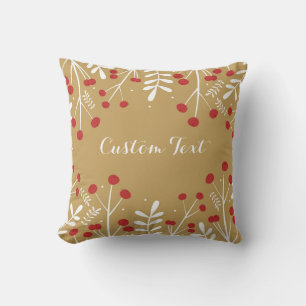 White Leaves & Berries Gold Holiday Christmas Cushion
