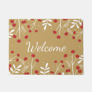 White Leaves & Berries Gold Holiday Christmas Doormat