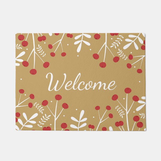 White Leaves & Berries Gold Holiday Christmas Doormat (Front)