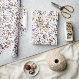 White Leaves Berries Watercolor Floral Pattern Wrapping Paper
