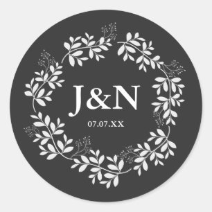 White Leaves Botanical Wreath Rustic Wedding Favou Classic Round Sticker