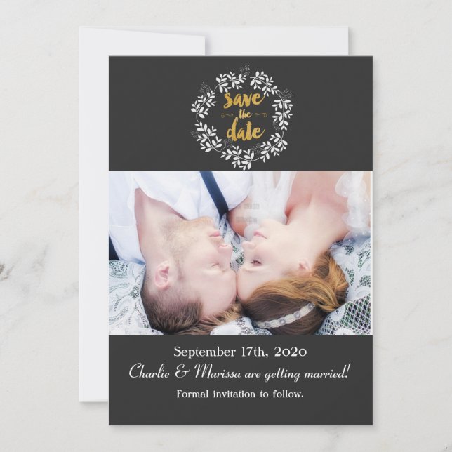 White Leaves Botanical Wreath SAVE THE DATE Photo Invitation (Front)