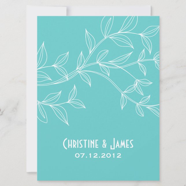 White leaves on aqua, subtle wedding invitation (Front)