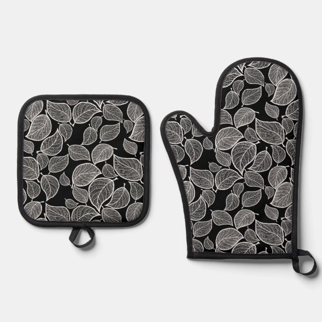 White Leaves on Black Oven Mitt & Pot Holder Set (Front)