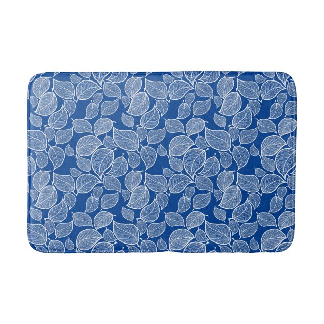 White Leaves on Blue Bath Mat (Front)