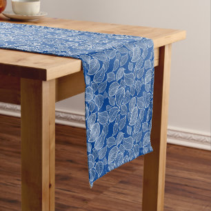 White Leaves on Blue Table Runner