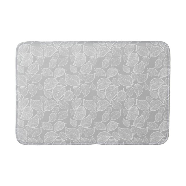 White Leaves on Silver Grey Bath Mat (Front)