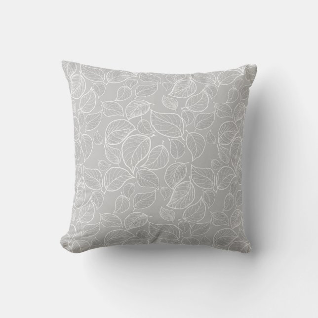 White Leaves on Silver Grey Throw Pillow (Front)