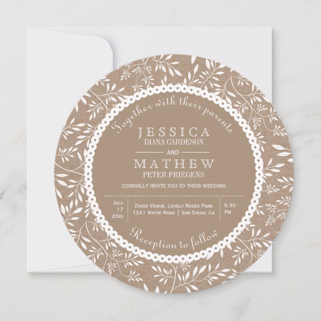 White leaves pattern kraft paper rustic wedding invitation (Front)