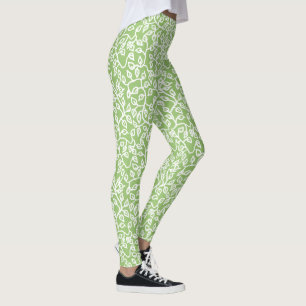 White Leaves Pattern on Apple Green to Customise Leggings