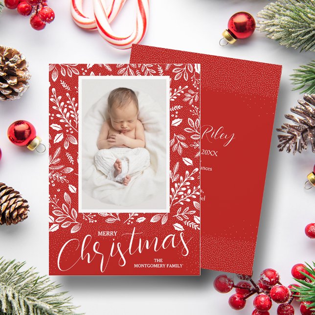 White Leaves Red Photo Christmas Birth Announcement (Creator Uploaded)