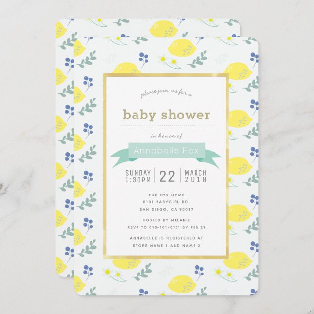 White Lemon Floral Pattern Baby Shower Invitation (Front/Back)
