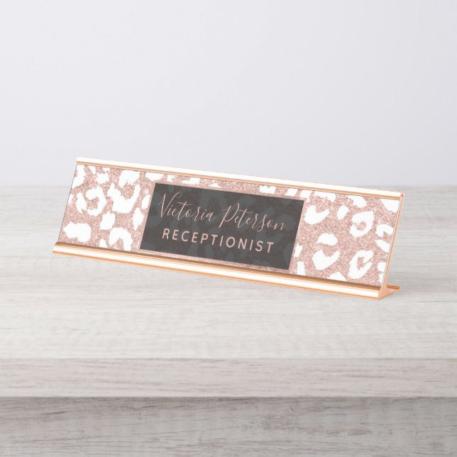 White leopard pattern chic rose gold glitter desk name plate (Front)