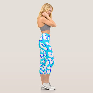 White Leopard Print Blue Navy Capri Leggings
