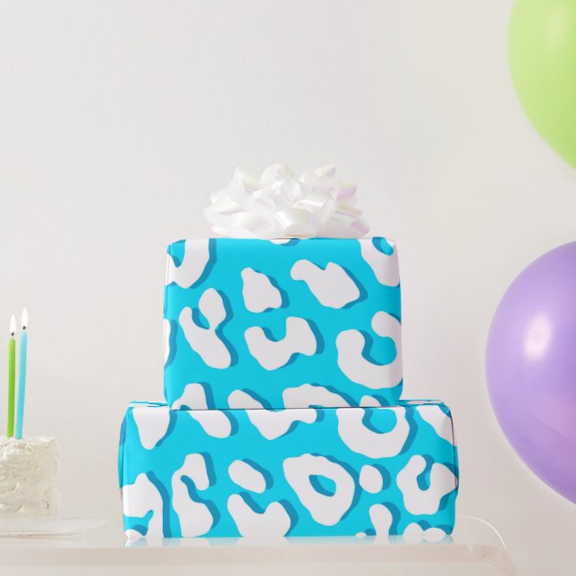 White Leopard Print Light Blue Wrapping Paper (Party Gifts)