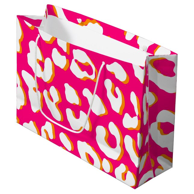 White Leopard Print Pink Orange Large Gift Bag (Front Angled)