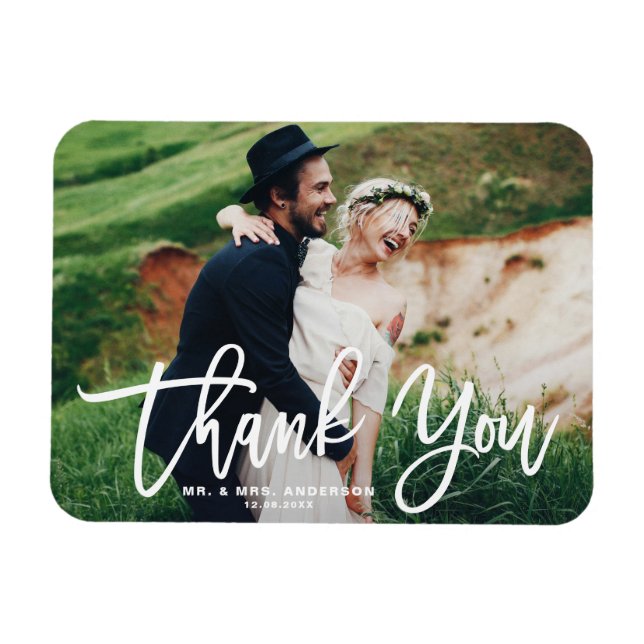 White Lettering Modern Photo Wedding Thank You Magnet (Horizontal)
