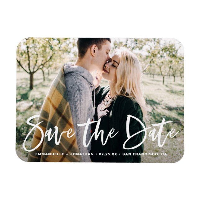 White Lettering Overlay Photo Save the Date Magnet (Horizontal)