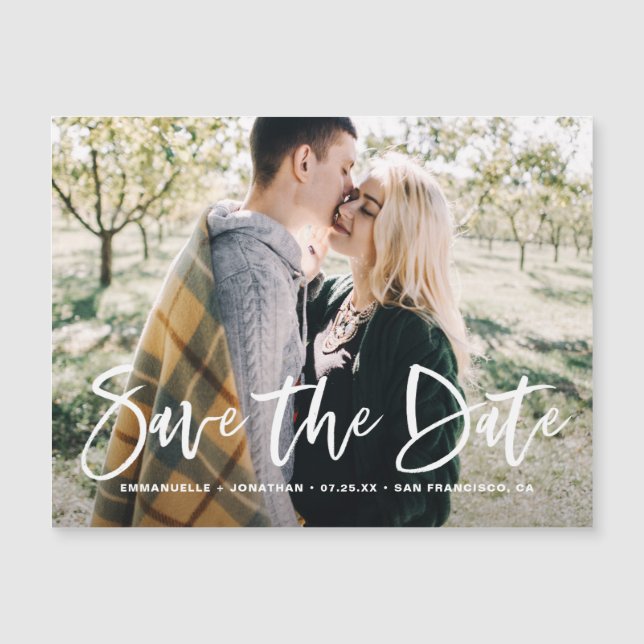 White Lettering Overlay Photo Save the Date Magnet (Front)