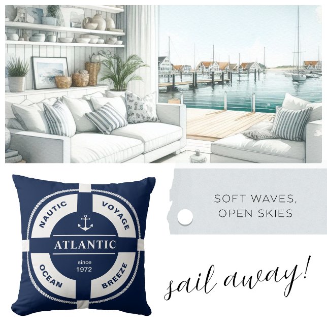 White Lifebuoy on Navy – Personalised Coastal Cushion (Creator Uploaded)