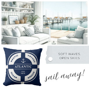 White Lifebuoy on Navy – Personalized Coastal Cushion