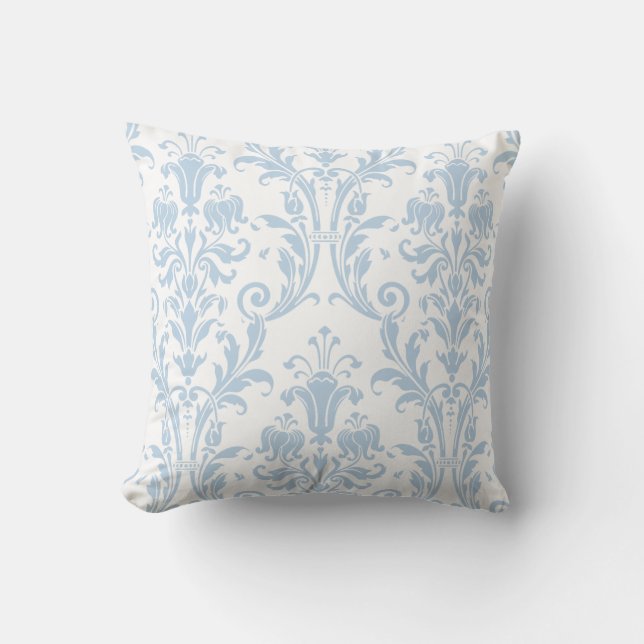 White & Light Blue Damask Floral Swirls 2 Cushion (Front)