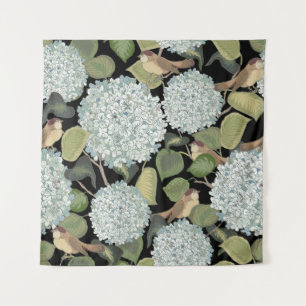White, light blue Hortensia with green leaves and Tapestry