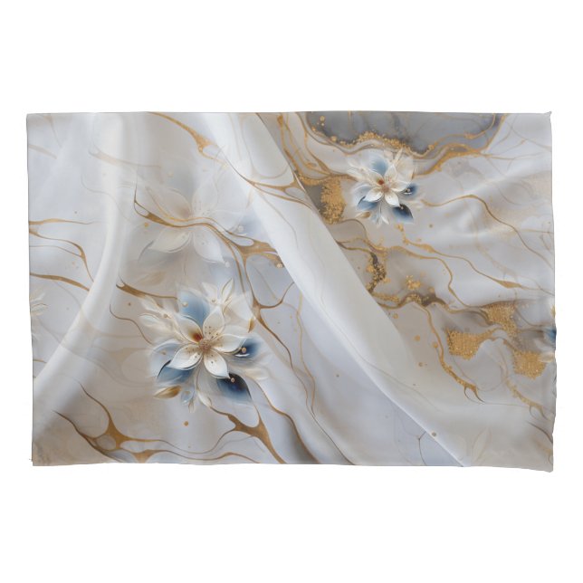 White & light-blue Silky Flowers on a Silk look  Pillowcase (Front)